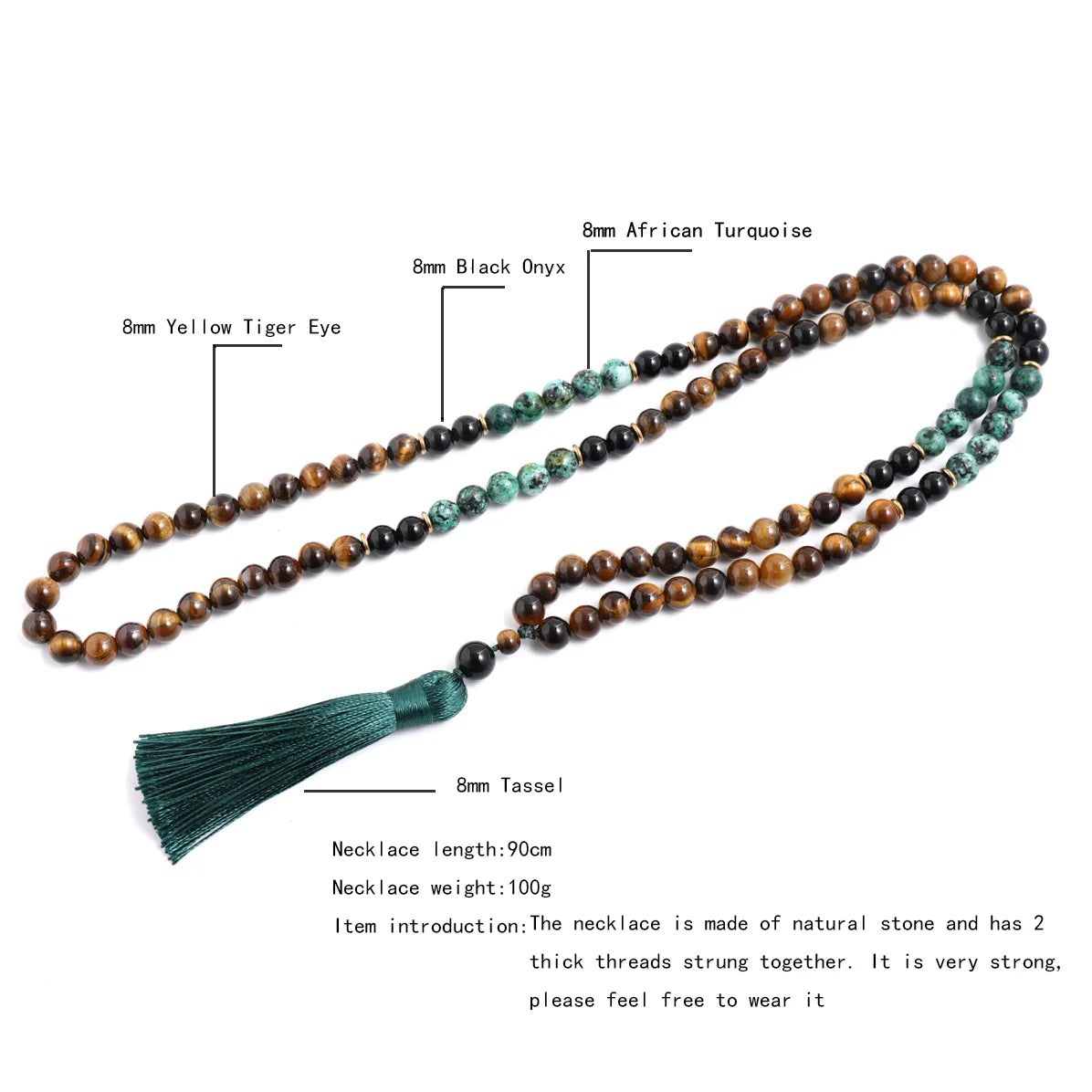 Conjunto Japamala com Olho de Tigre Amarelo, Turquesa Africana e Ônix Negro