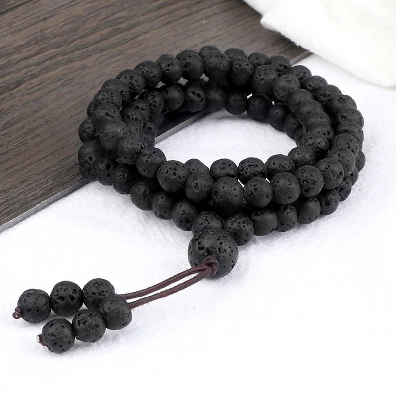 Colar Mala Premium com 108 Contas de Pedra de Lava Negra Natural