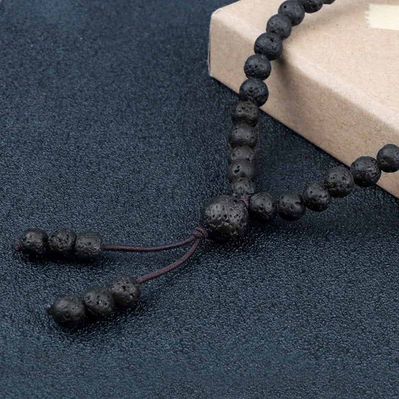Colar Mala Premium com 108 Contas de Pedra de Lava Negra Natural