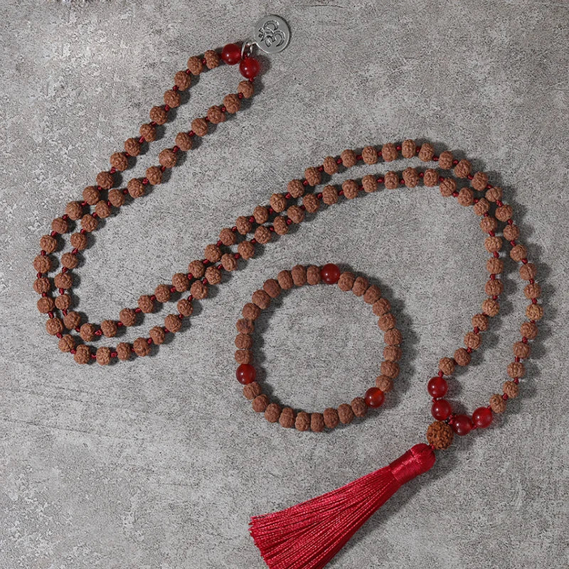 Conjunto Premium Japamala com 108 Contas de Rudraksha e Ágata Vermelha