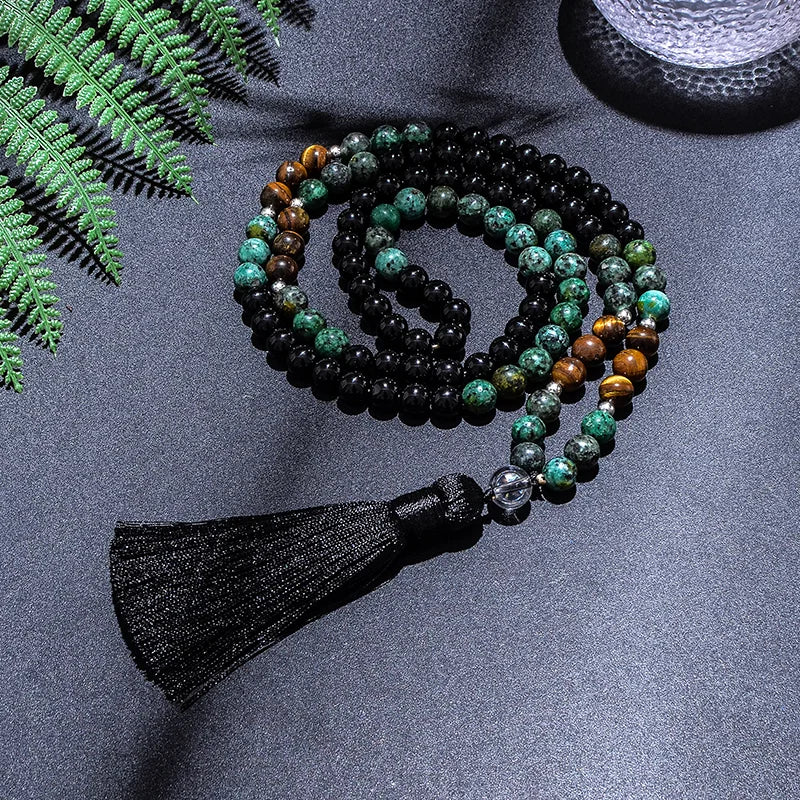 Conjunto Japamala com 108 Contas de Turquesa Africana, Ônix Negro e Olho de Tigre Amarelo