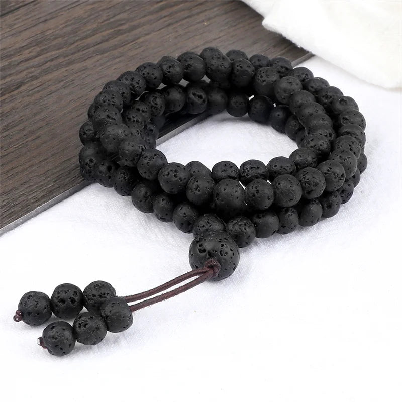 Colar Mala Premium com 108 Contas de Pedra de Lava Negra Natural