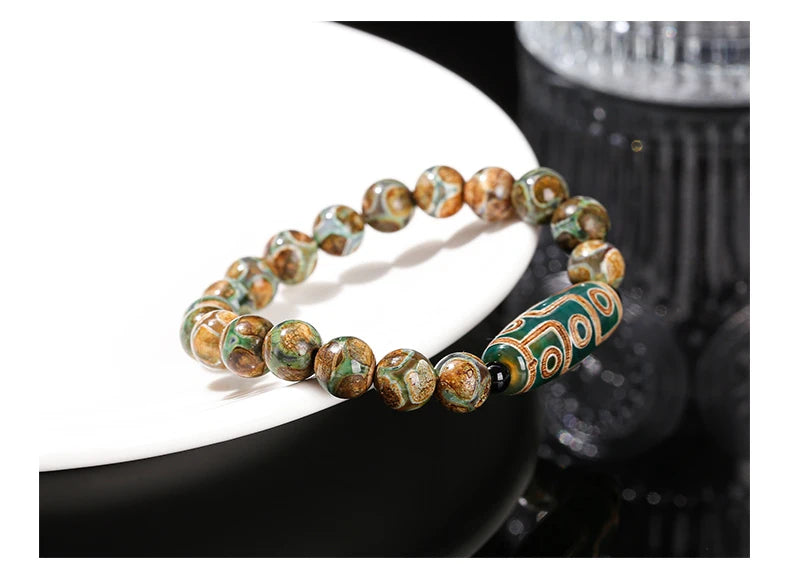 Pulseira Tibetana Premium JD com Ágata Dzi de Nove Olhos Verde Natural