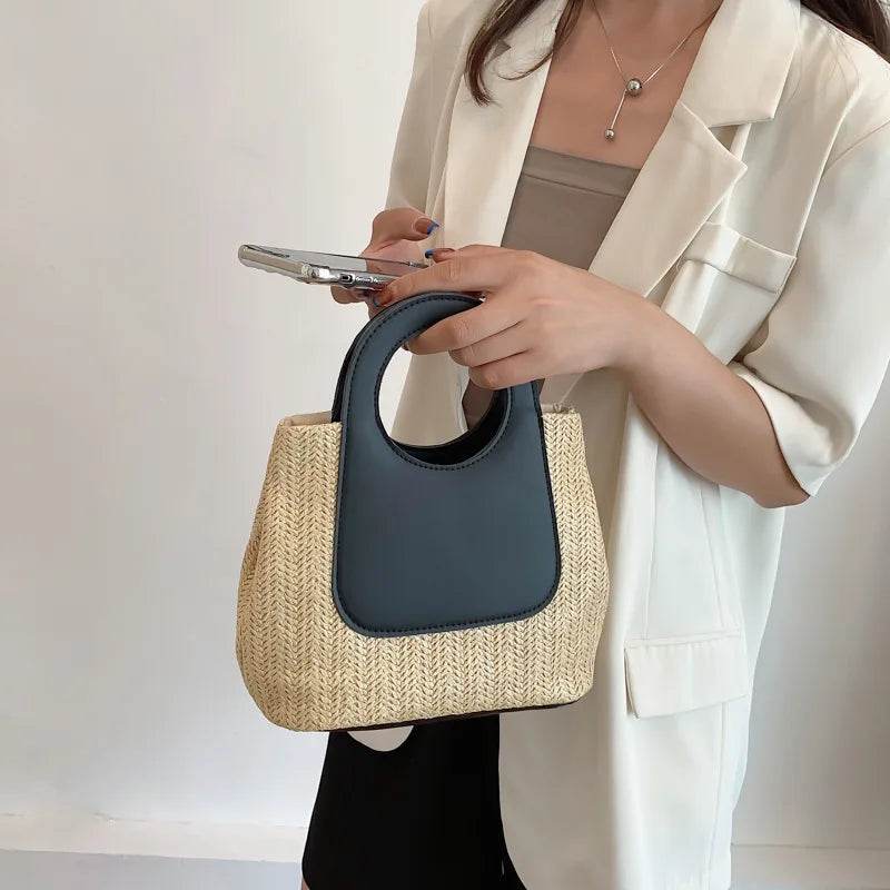 2023 Summer Retro Clashing Color Splicing Straw Large Capacity Handmade Woven Bag Fashion Shoulder Handbag - Aloha Spirit Store