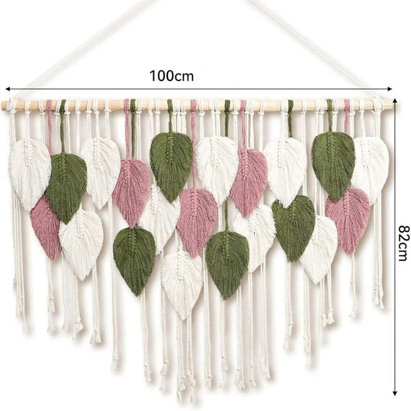 Tapeçaria Macramê Boho Premium — Folhas e Penas para Decoração