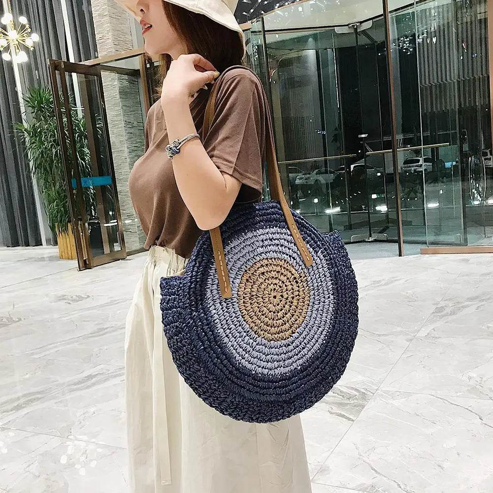 Ethnic Style Beach Handbag Summer Large Capacity Fashion Tote Women Handmade Woven Shoulder Bag Round Straw Weaving Underarm Bag - Aloha Spirit Store