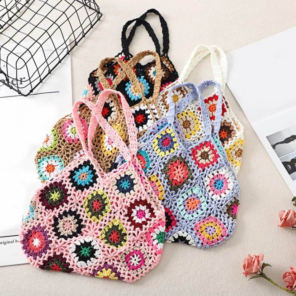 Large Capacity Fashion Cut-out Boho Tote Bag Trendy Floral Crochet Handmade Knitted Bag Vintage Multicolor Hollow Out Handbag - Aloha Spirit Store