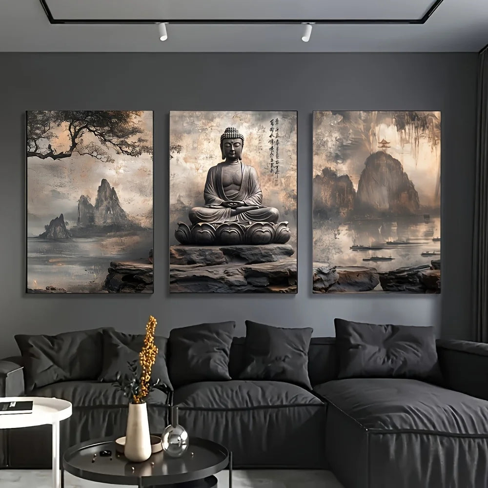 Kit Premium com 3 Quadros Buda Zen em Meditação