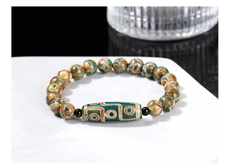 Pulseira Tibetana Premium JD com Ágata Dzi de Nove Olhos Verde Natural