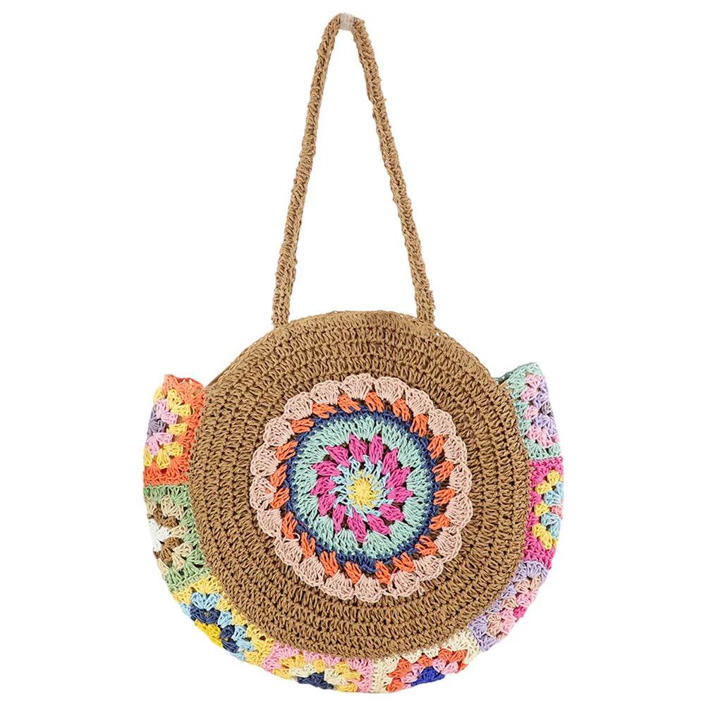 Ethnic Style Beach Handbag Summer Large Capacity Fashion Tote Women Handmade Woven Shoulder Bag Round Straw Weaving Underarm Bag - Aloha Spirit Store