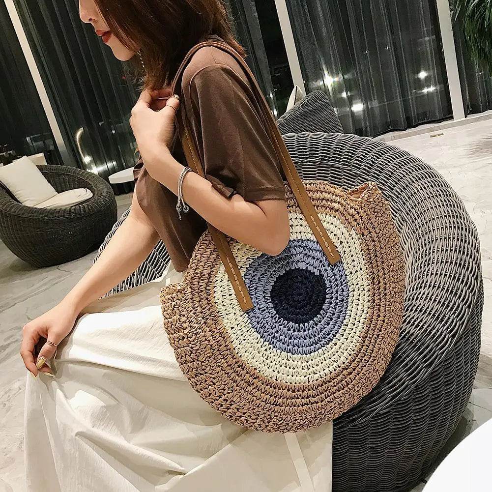 Ethnic Style Beach Handbag Summer Large Capacity Fashion Tote Women Handmade Woven Shoulder Bag Round Straw Weaving Underarm Bag - Aloha Spirit Store