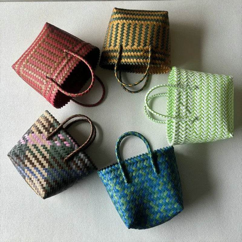 Handmade Woven Bag Large Capacity Plastic Woven Basket Small Square Bag with Handheld Gift Simple Handheld Versatile Women's Bag - Aloha Spirit Store