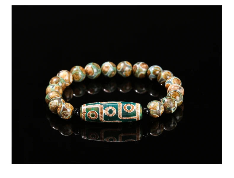 Pulseira Tibetana Premium JD com Ágata Dzi de Nove Olhos Verde Natural
