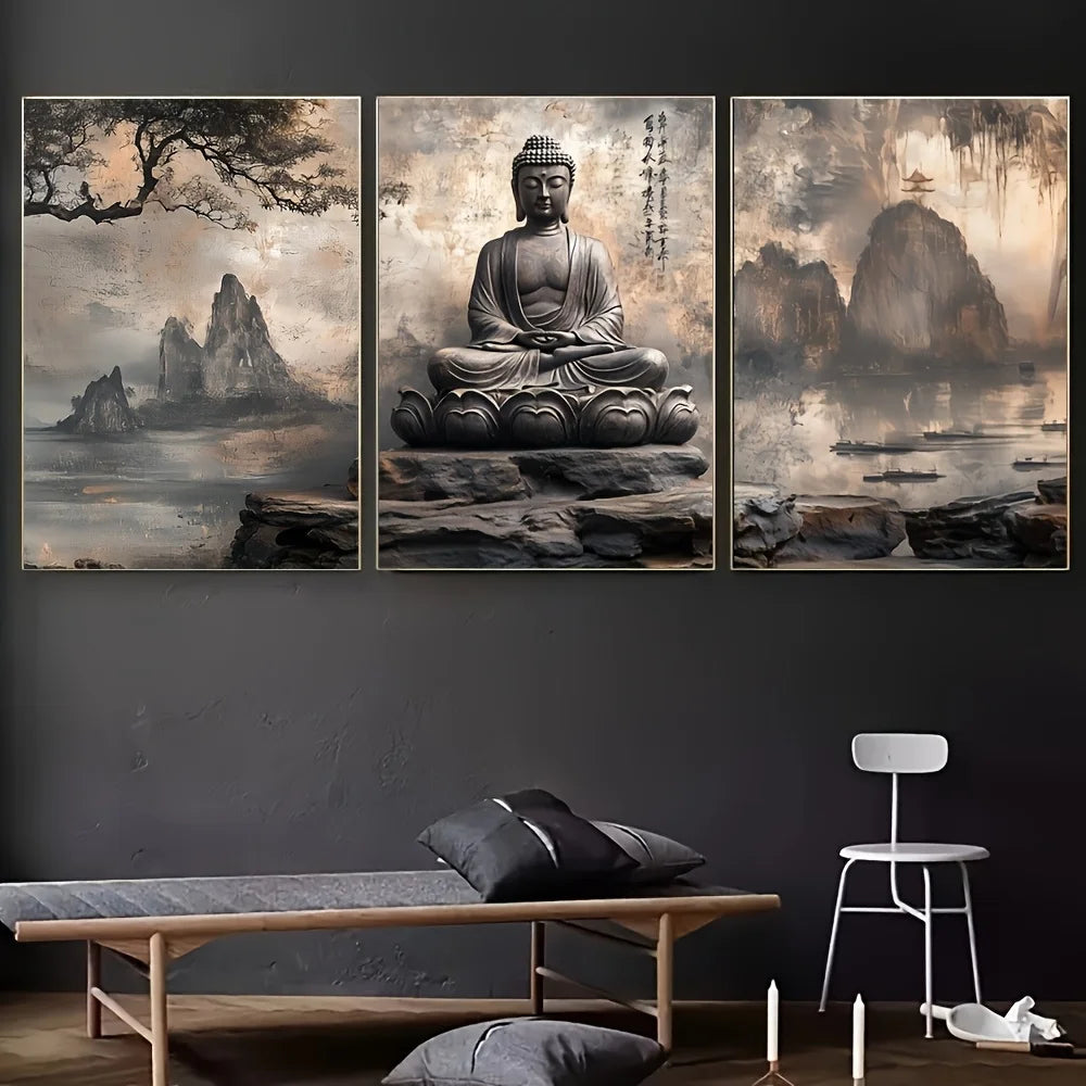 Kit Premium com 3 Quadros Buda Zen em Meditação