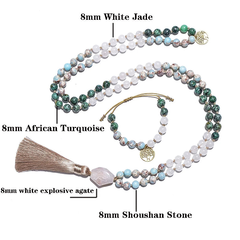 Japamala Premium com 108 Contas de Turquesa Africana Branca 8mm