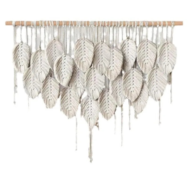 Tapeçaria Macramê Boho Premium — Folhas e Penas para Decoração
