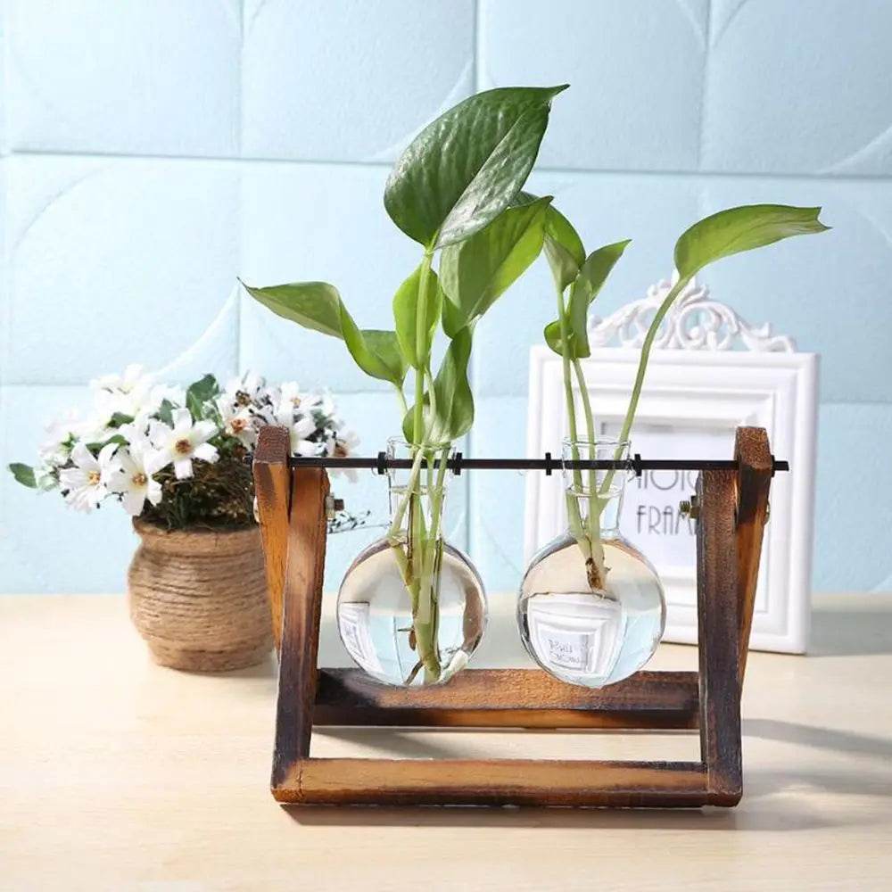 Hydroponic Plant Vases Glass Vase Vintage Bonsai Flower Pot Terrarium Tabletop Tray Wooden Frame Home Decor - Aloha Spirit Store