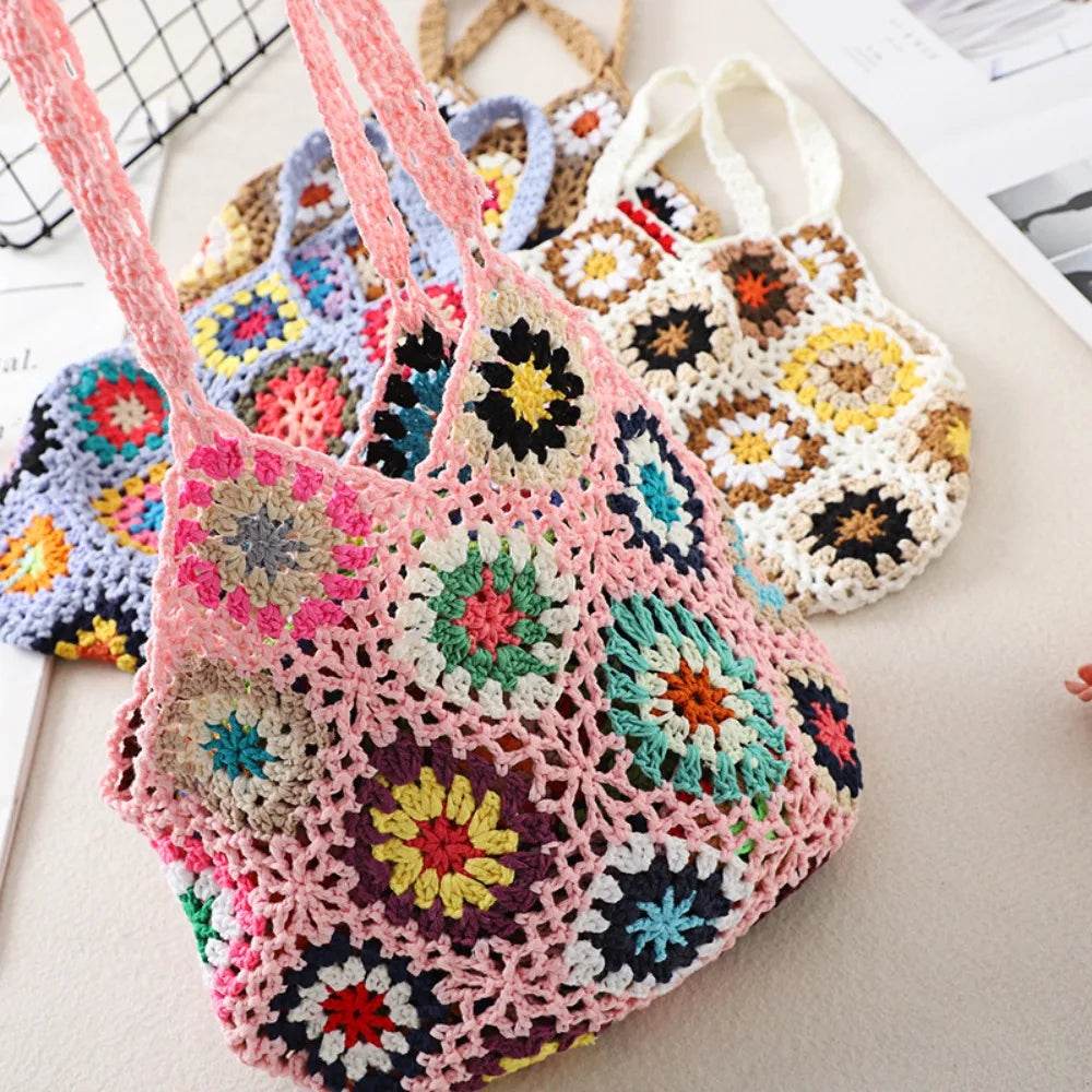 Large Capacity Fashion Cut-out Boho Tote Bag Trendy Floral Crochet Handmade Knitted Bag Vintage Multicolor Hollow Out Handbag - Aloha Spirit Store