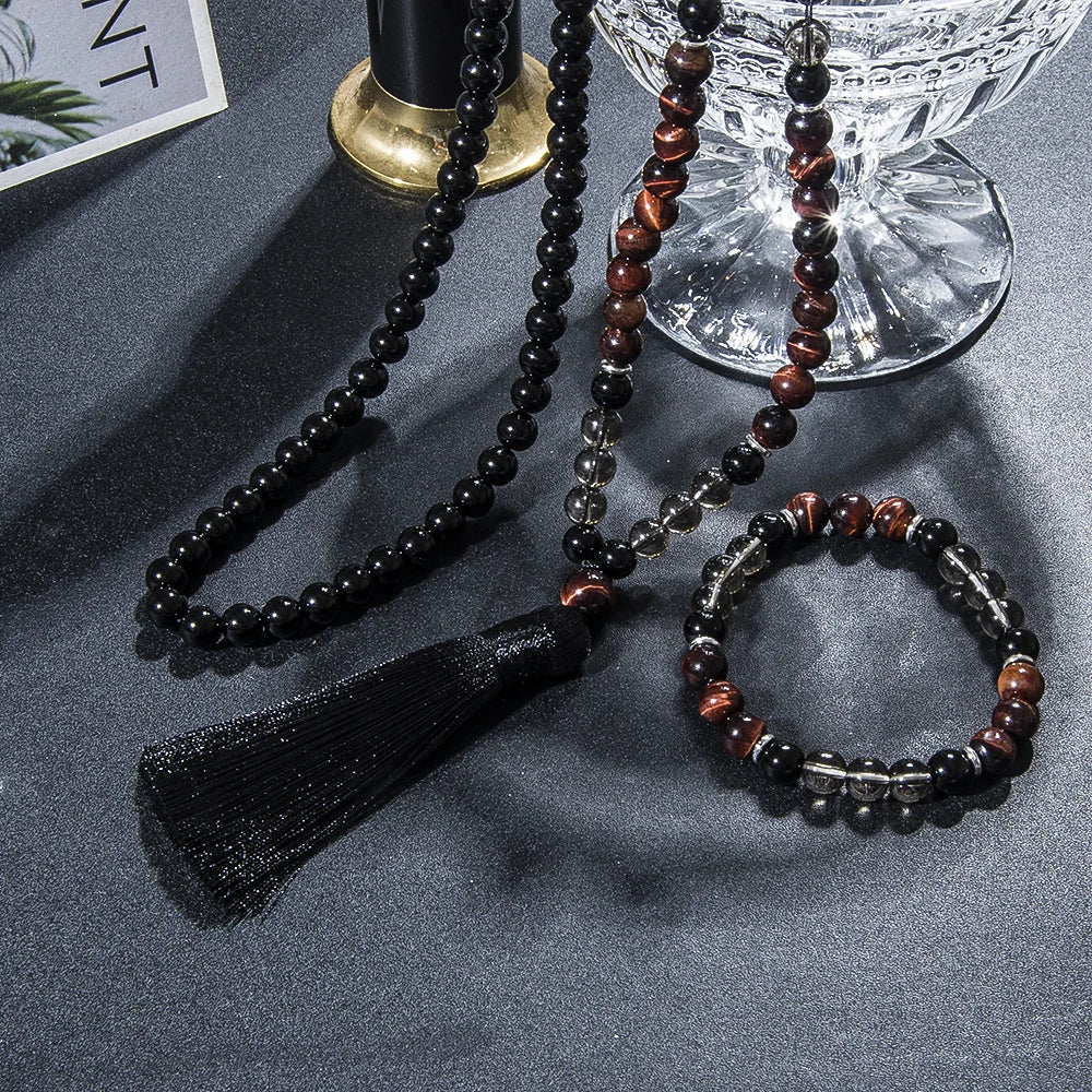 Conjunto Japamala com 108 Contas de Olho de Tigre Vermelho e Ônix Negro 8mm