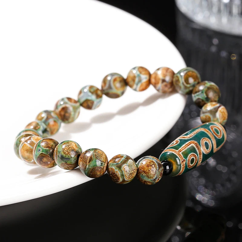 Pulseira Tibetana Premium JD com Ágata Dzi de Nove Olhos Verde Natural