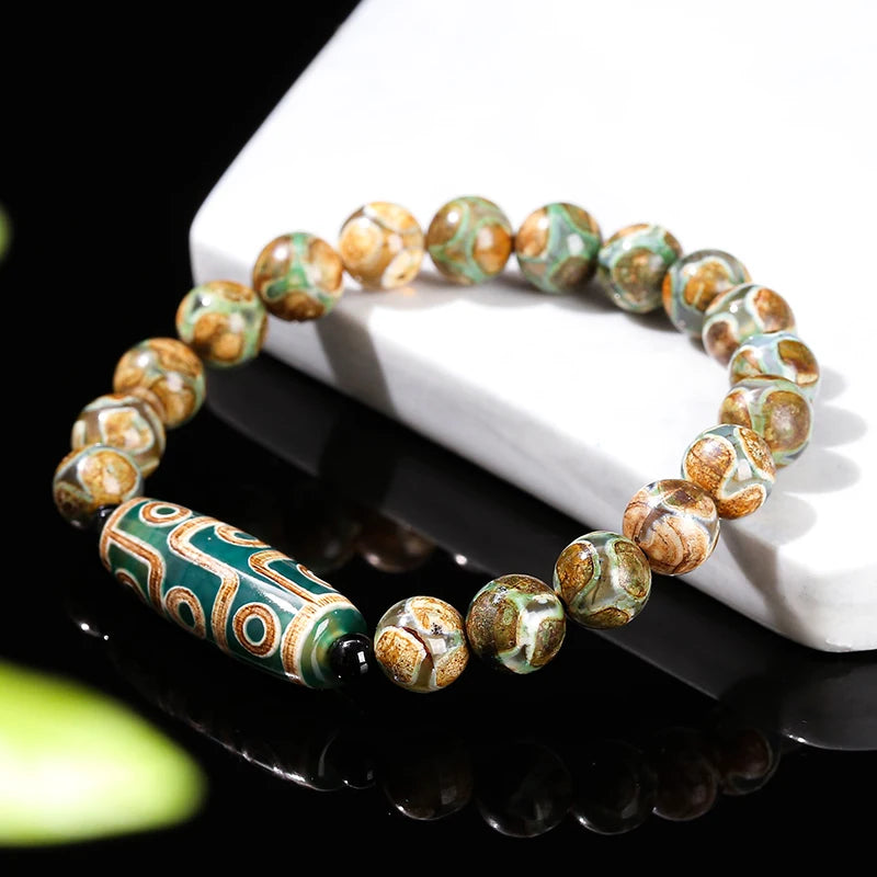 Pulseira Tibetana Premium JD com Ágata Dzi de Nove Olhos Verde Natural