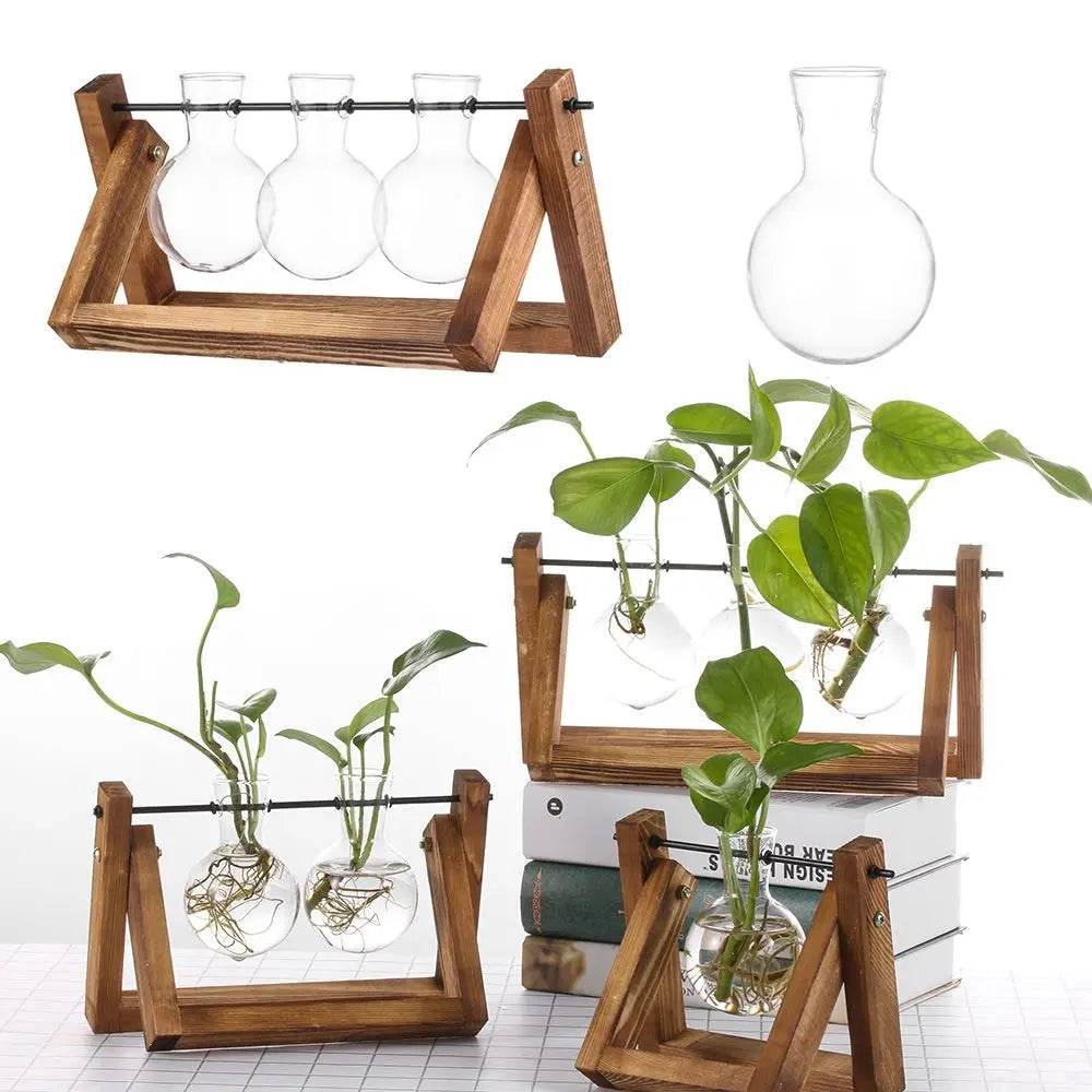 Hydroponic Plant Vases Glass Vase Vintage Bonsai Flower Pot Terrarium Tabletop Tray Wooden Frame Home Decor - Aloha Spirit Store