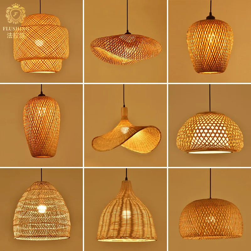 Luminária Pendente Premium em Bambu e Rattan Trançada à Mão