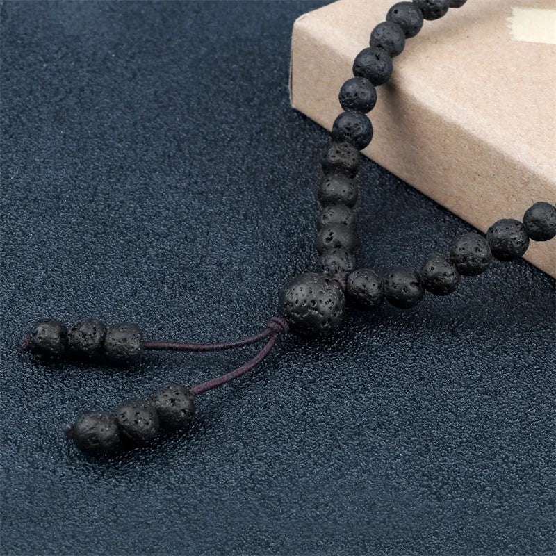 Colar Mala Premium com 108 Contas de Pedra de Lava Negra Natural