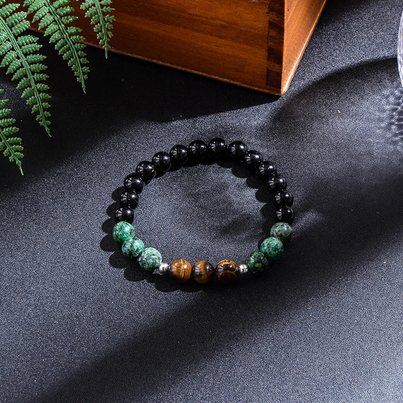 Conjunto Japamala com 108 Contas de Turquesa Africana, Ônix Negro e Olho de Tigre Amarelo