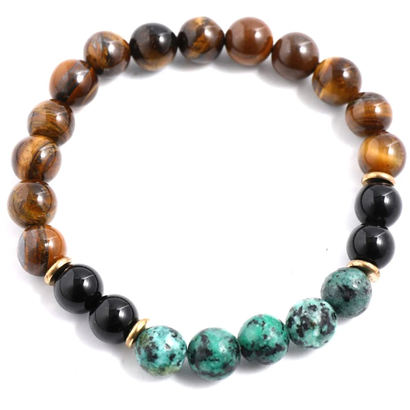 Conjunto Japamala com Olho de Tigre Amarelo, Turquesa Africana e Ônix Negro