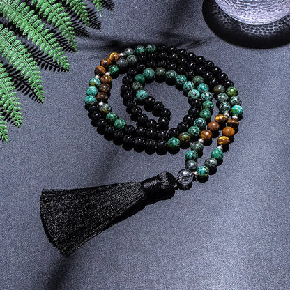Conjunto Japamala com 108 Contas de Turquesa Africana, Ônix Negro e Olho de Tigre Amarelo