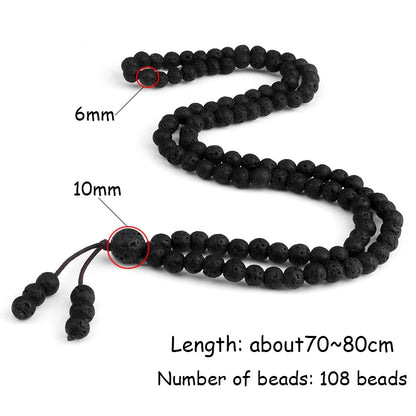 Colar Mala Premium com 108 Contas de Pedra de Lava Negra Natural