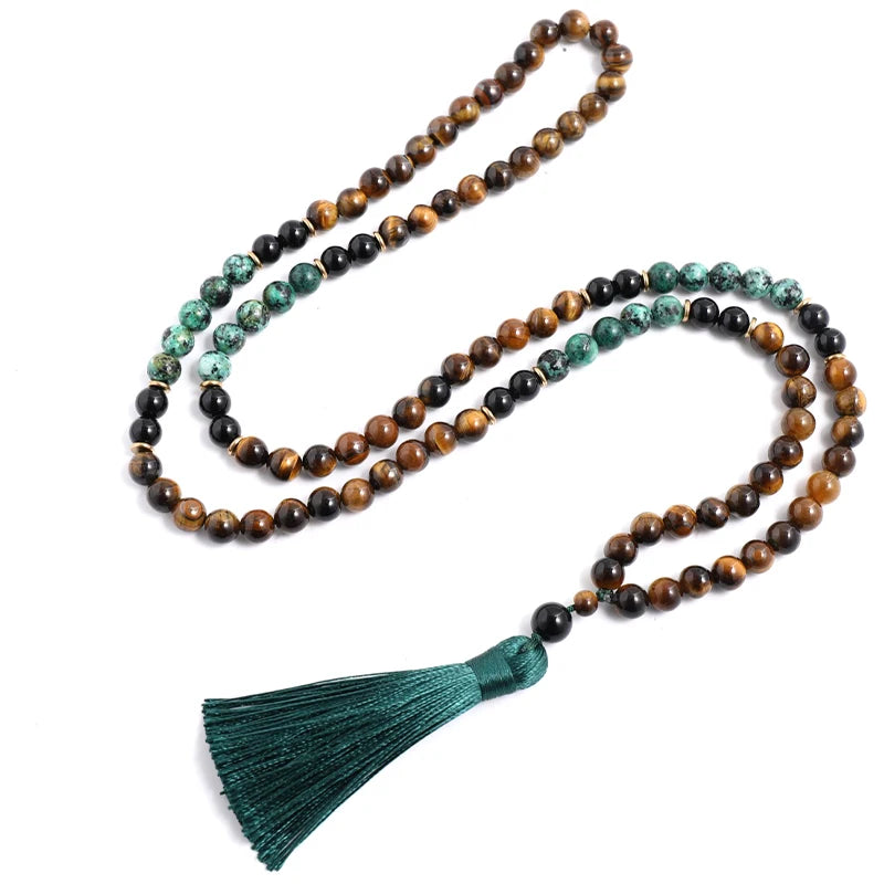 Conjunto Japamala com Olho de Tigre Amarelo, Turquesa Africana e Ônix Negro