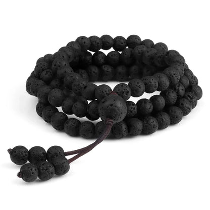 Colar Mala Premium com 108 Contas de Pedra de Lava Negra Natural