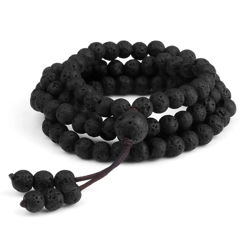 Colar Mala Premium com 108 Contas de Pedra de Lava Negra Natural
