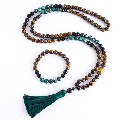 Conjunto Japamala com Olho de Tigre Amarelo, Turquesa Africana e Ônix Negro