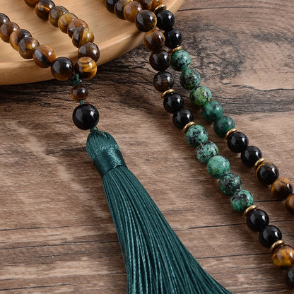 Conjunto Japamala com Olho de Tigre Amarelo, Turquesa Africana e Ônix Negro