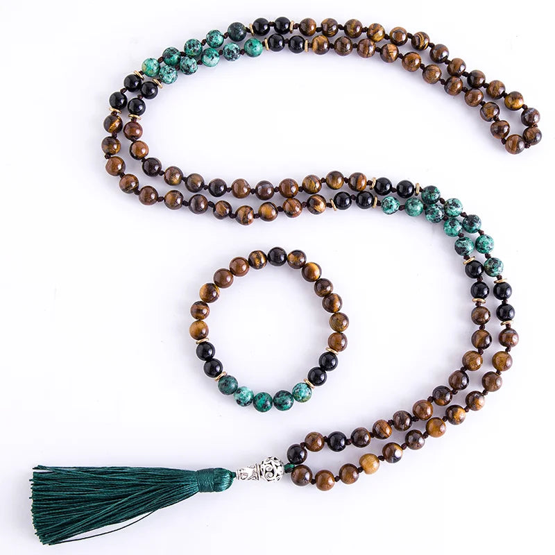 Conjunto Japamala com Olho de Tigre Amarelo, Turquesa Africana e Ônix Negro