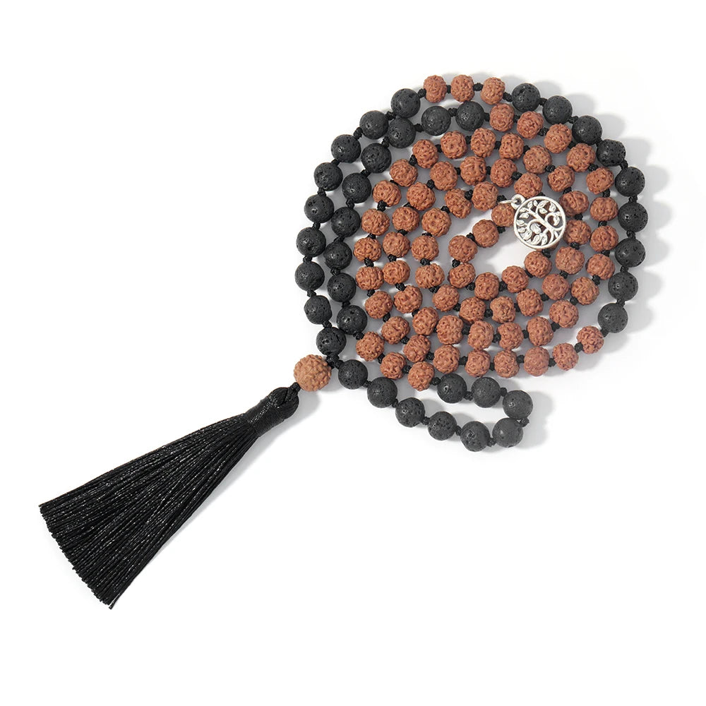 Japamala Premium com 108 Contas de Rudraksha e Lava Negra com Nós