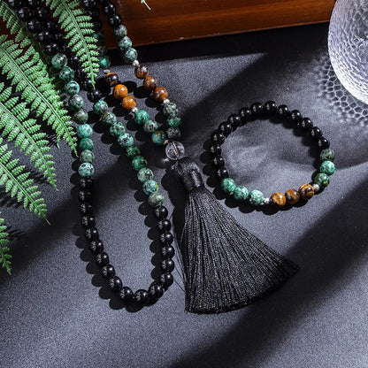 Conjunto Japamala com 108 Contas de Turquesa Africana, Ônix Negro e Olho de Tigre Amarelo