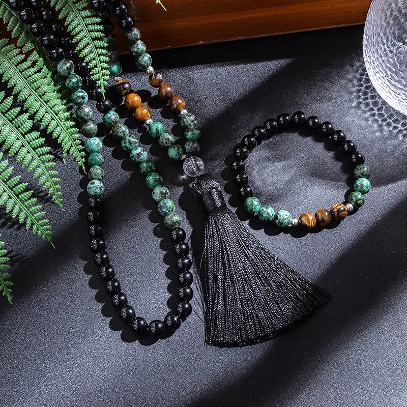 Conjunto Japamala com 108 Contas de Turquesa Africana, Ônix Negro e Olho de Tigre Amarelo