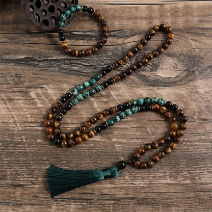 Conjunto Japamala com Olho de Tigre Amarelo, Turquesa Africana e Ônix Negro