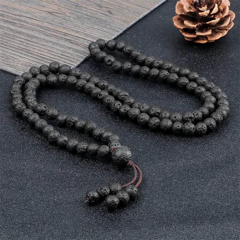 Colar Mala Premium com 108 Contas de Pedra de Lava Negra Natural