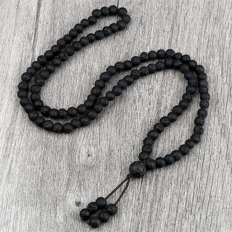Colar Mala Premium com 108 Contas de Pedra de Lava Negra Natural