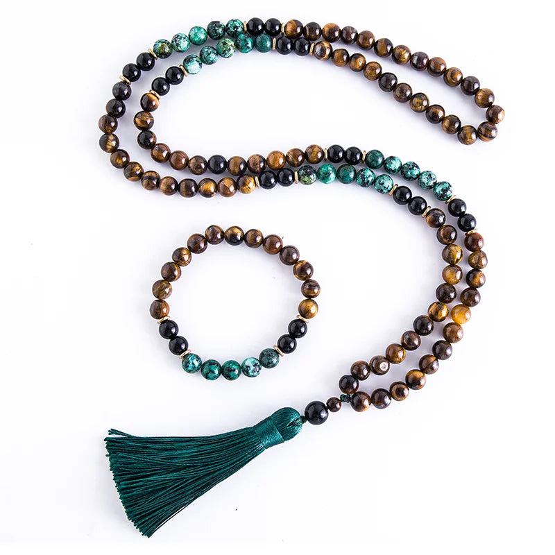 Conjunto Japamala com Olho de Tigre Amarelo, Turquesa Africana e Ônix Negro