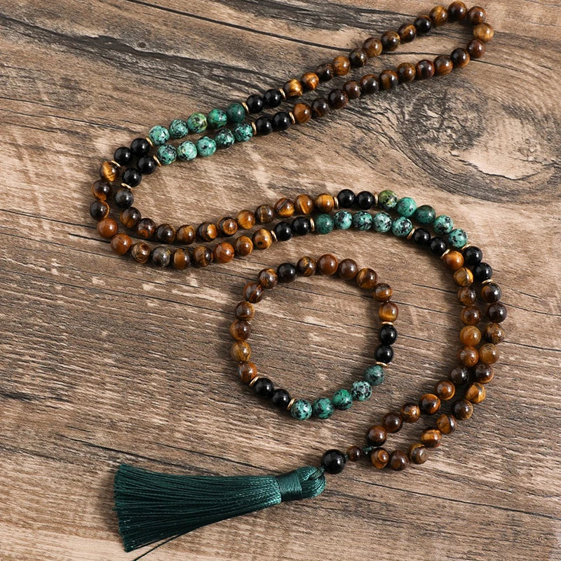 Conjunto Japamala com Olho de Tigre Amarelo, Turquesa Africana e Ônix Negro