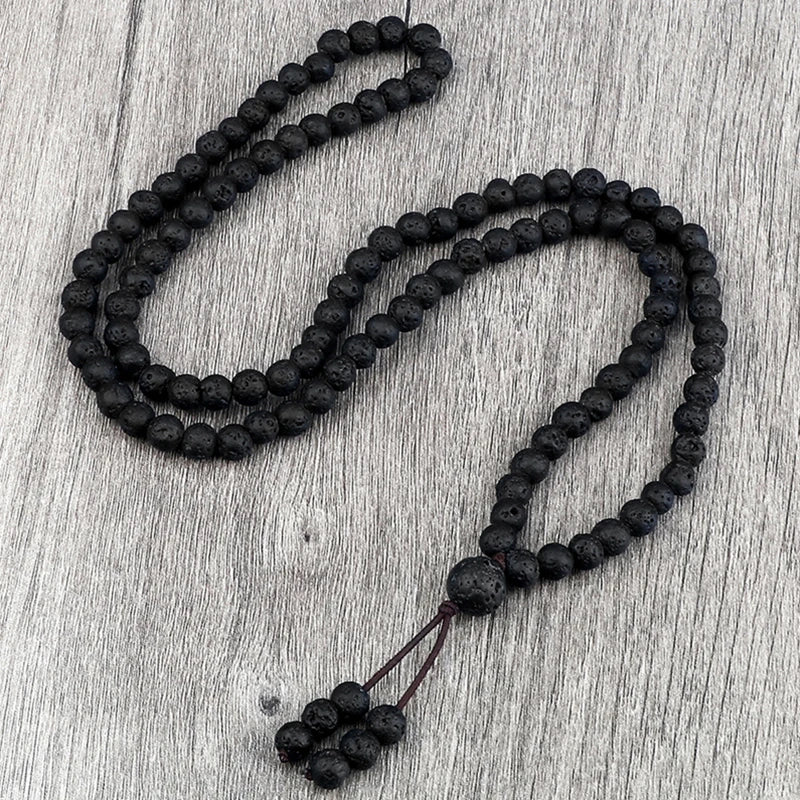 Colar Mala Premium com 108 Contas de Pedra de Lava Negra Natural