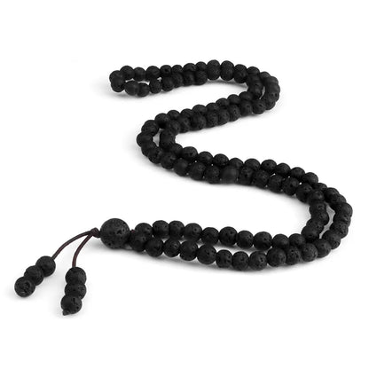 Colar Mala Premium com 108 Contas de Pedra de Lava Negra Natural