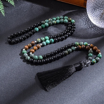 Conjunto Japamala com 108 Contas de Turquesa Africana, Ônix Negro e Olho de Tigre Amarelo
