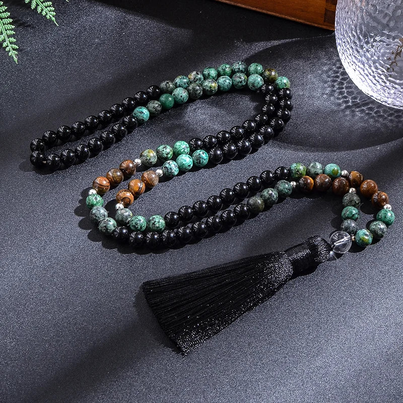 Conjunto Japamala com 108 Contas de Turquesa Africana, Ônix Negro e Olho de Tigre Amarelo